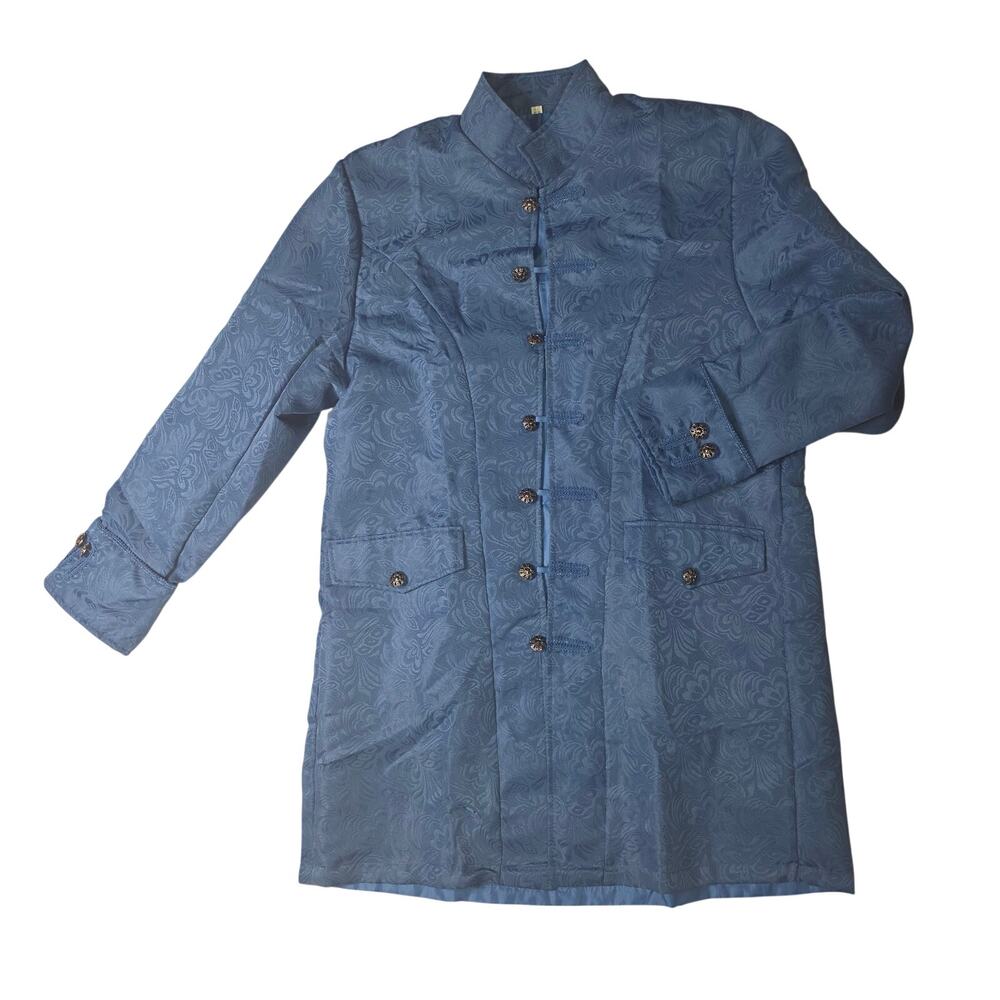 Blue Jacquard Tunic Jacket 3XL Mandarin Collar Ornate Button Damask Cosplay